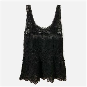 Solitaire 100% Cotton Lace Tulle Scoop Neck Sleeveless Blouse Scalloped Hem 🖤